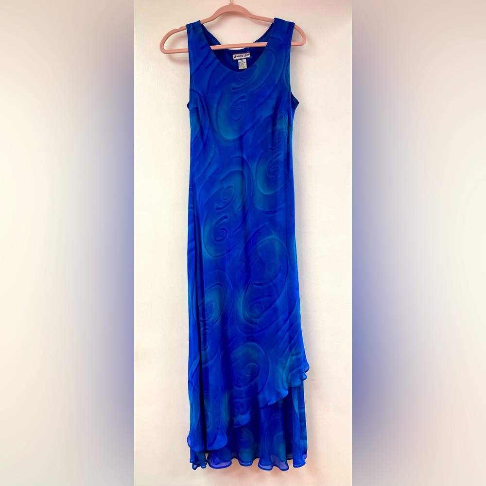 Simply Silk blue and green hand painted wearable art 100% silk maxi dress L